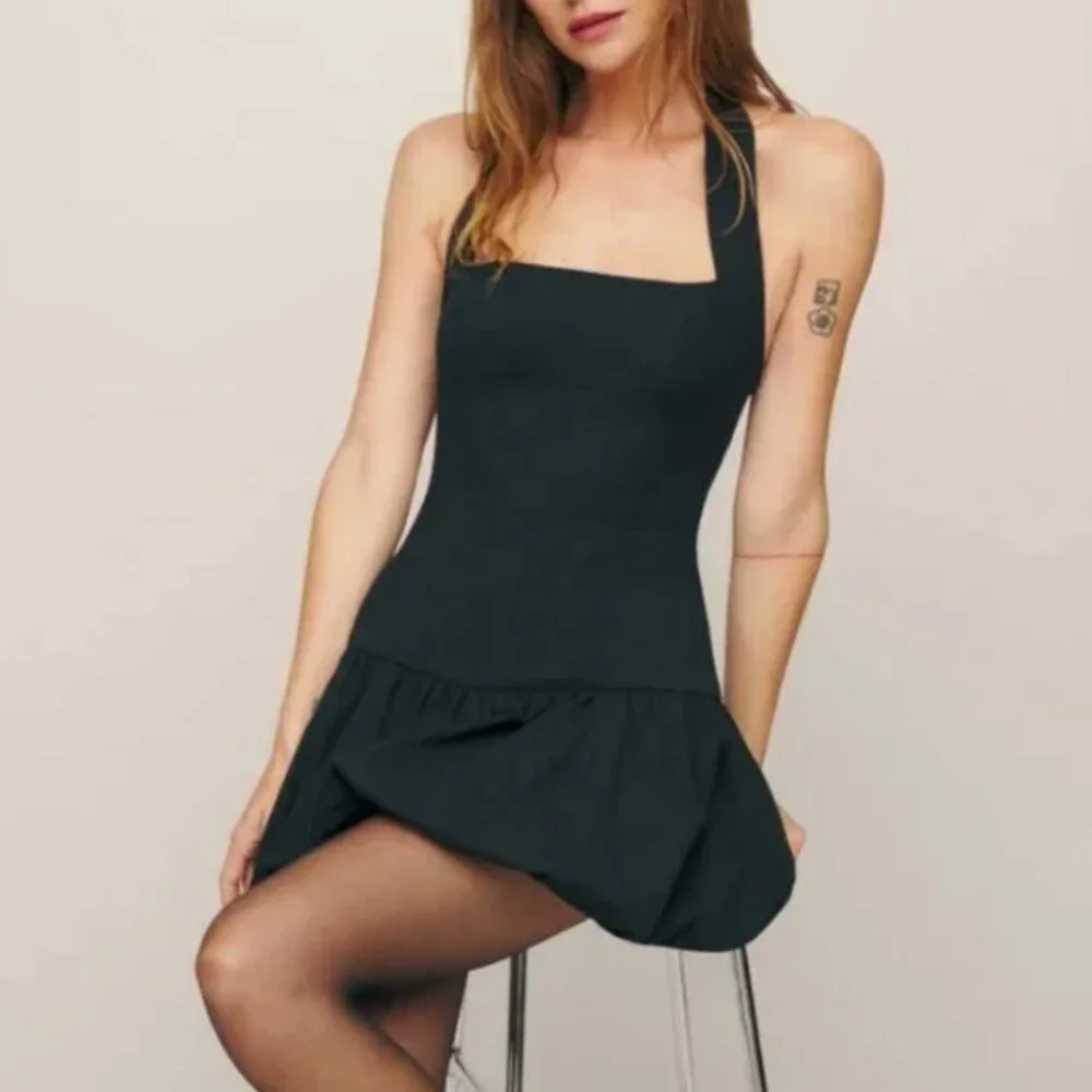 NWT Reformation Babette Cotton Mini Dress Sz2 Black Cotton Bubble - Picture 3 of 9